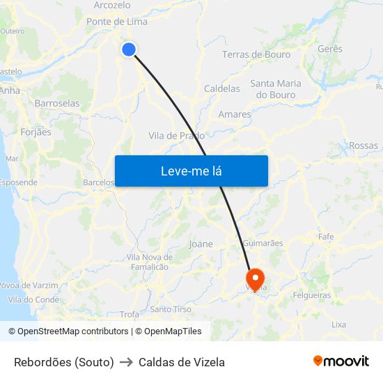 Rebordões (Souto) to Caldas de Vizela map