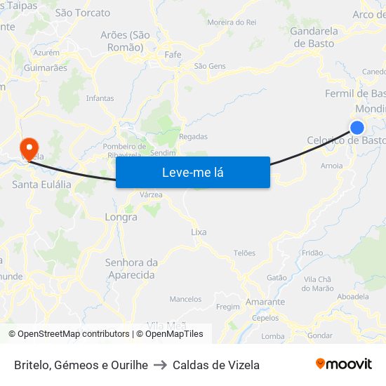 Britelo, Gémeos e Ourilhe to Caldas de Vizela map
