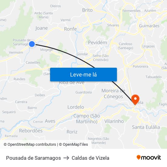 Pousada de Saramagos to Caldas de Vizela map