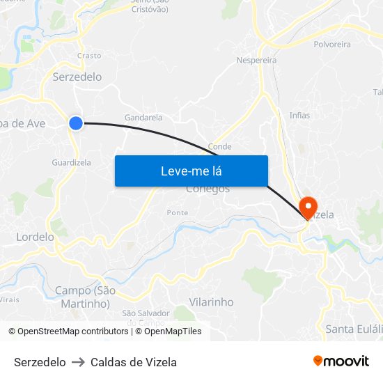 Serzedelo to Caldas de Vizela map