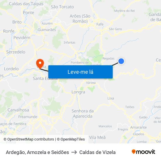 Ardegão, Arnozela e Seidões to Caldas de Vizela map