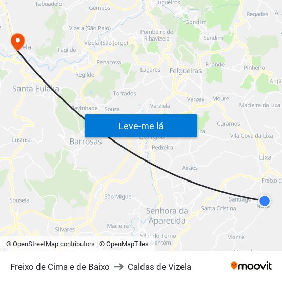 Freixo de Cima e de Baixo to Caldas de Vizela map