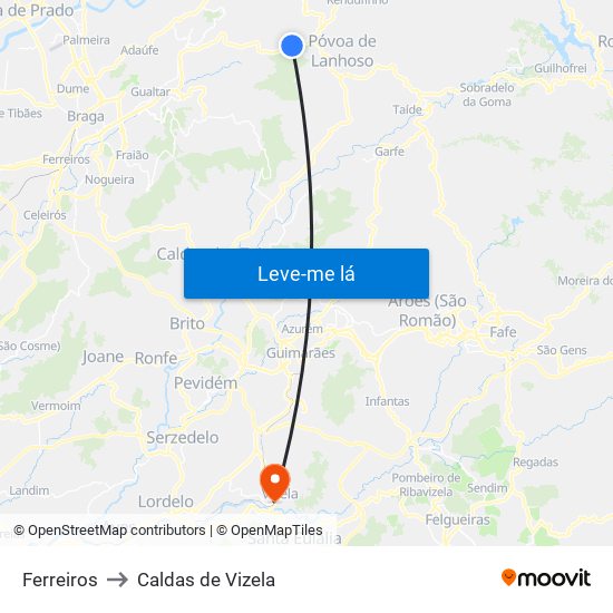 Ferreiros to Caldas de Vizela map