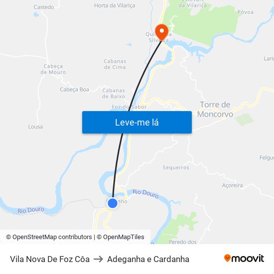 Vila Nova De Foz Côa to Adeganha e Cardanha map