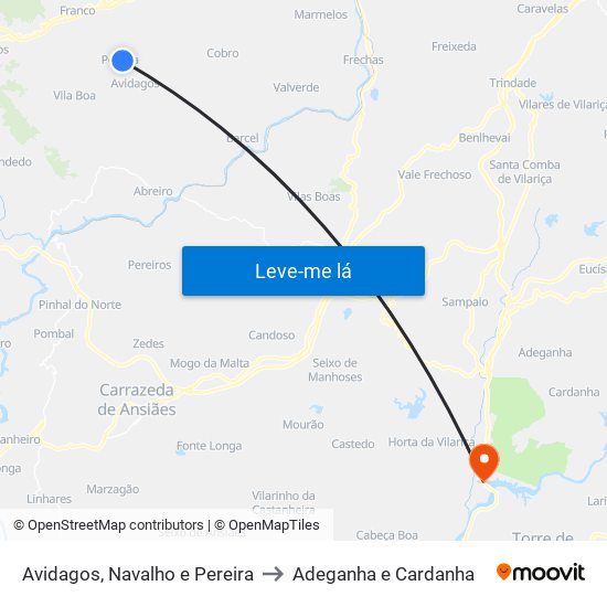 Avidagos, Navalho e Pereira to Adeganha e Cardanha map