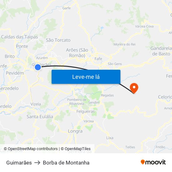 Guimarães to Borba de Montanha map