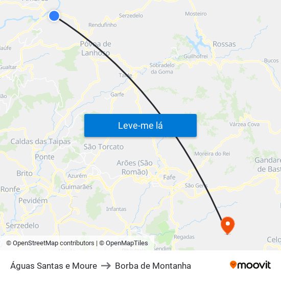 Águas Santas e Moure to Borba de Montanha map