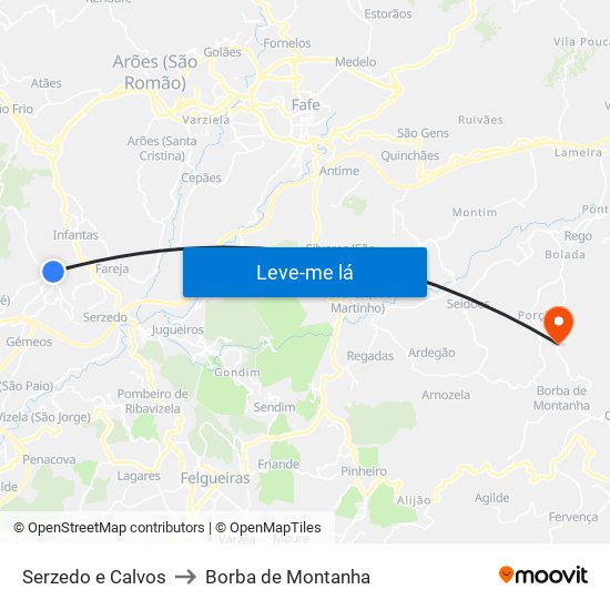 Serzedo e Calvos to Borba de Montanha map