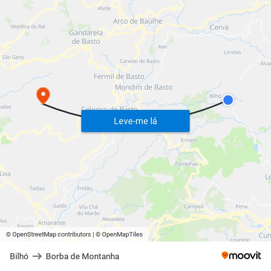 Bilhó to Borba de Montanha map