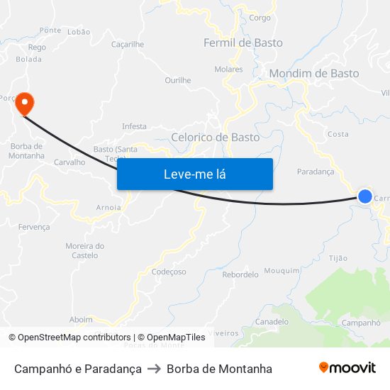 Campanhó e Paradança to Borba de Montanha map