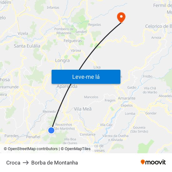 Croca to Borba de Montanha map