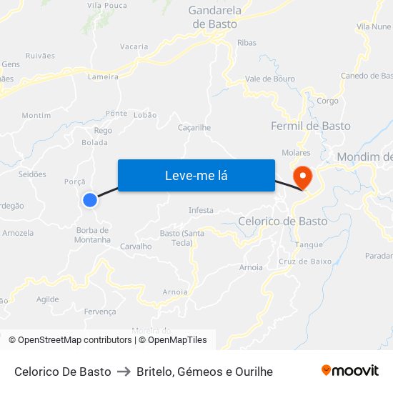 Celorico De Basto to Britelo, Gémeos e Ourilhe map