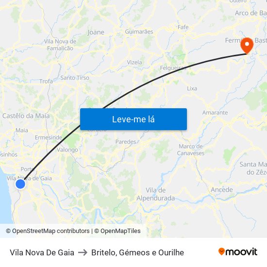 Vila Nova De Gaia to Britelo, Gémeos e Ourilhe map