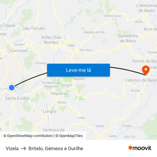 Vizela to Britelo, Gémeos e Ourilhe map