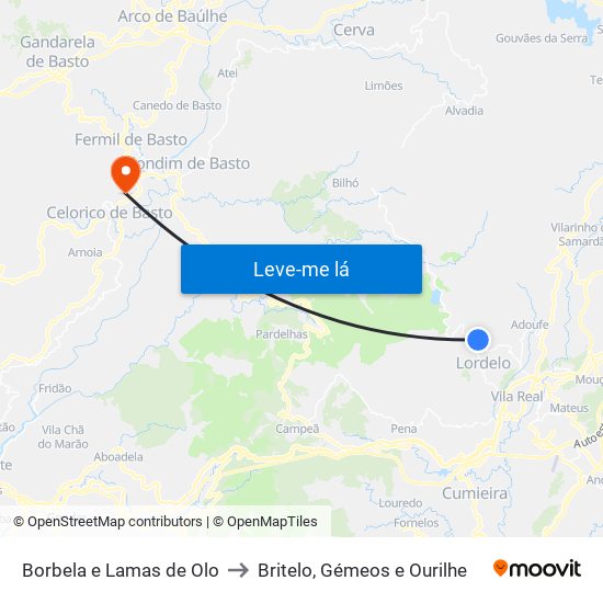 Borbela e Lamas de Olo to Britelo, Gémeos e Ourilhe map