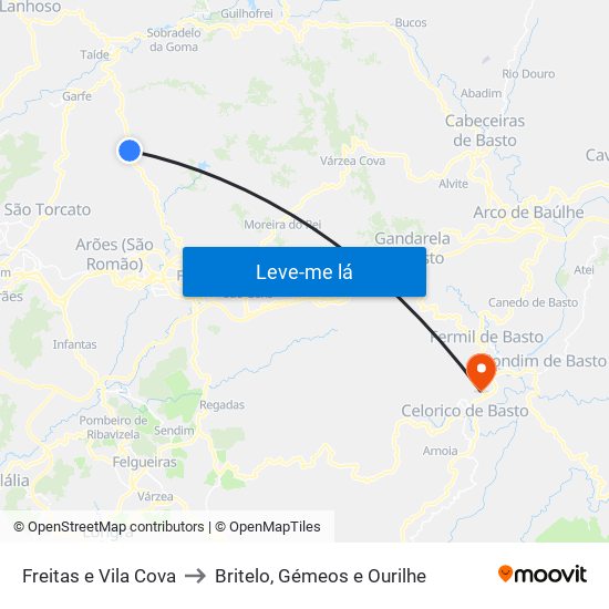 Freitas e Vila Cova to Britelo, Gémeos e Ourilhe map