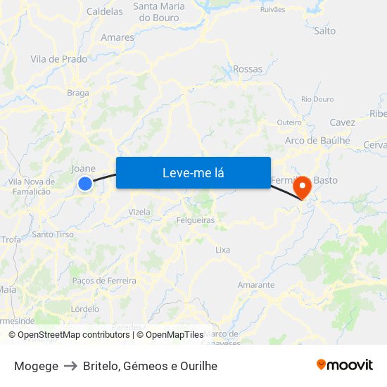 Mogege to Britelo, Gémeos e Ourilhe map