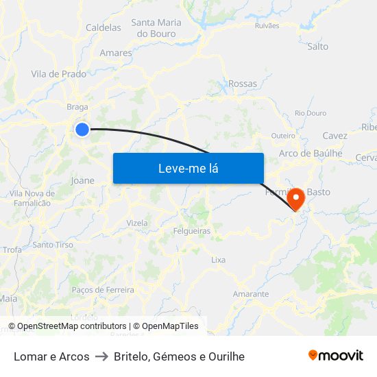 Lomar e Arcos to Britelo, Gémeos e Ourilhe map