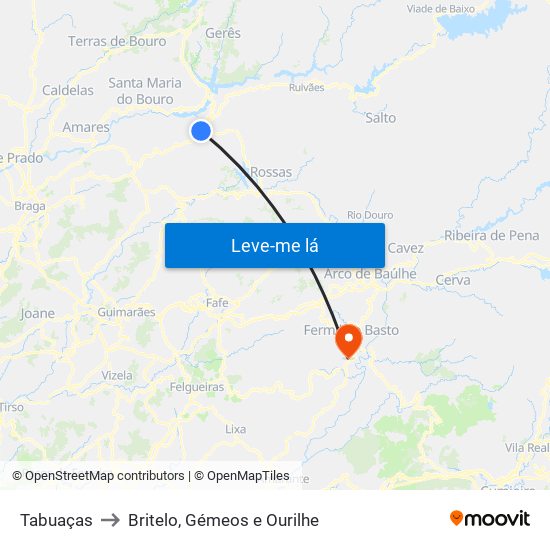 Tabuaças to Britelo, Gémeos e Ourilhe map