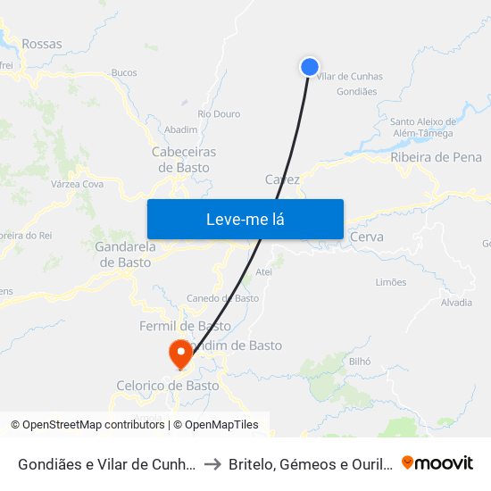 Gondiães e Vilar de Cunhas to Britelo, Gémeos e Ourilhe map