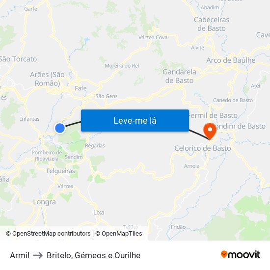 Armil to Britelo, Gémeos e Ourilhe map