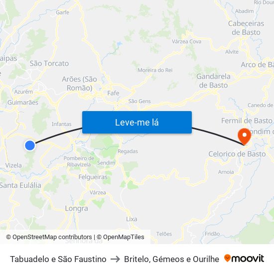 Tabuadelo e São Faustino to Britelo, Gémeos e Ourilhe map