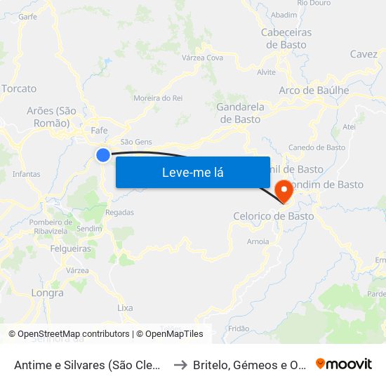 Antime e Silvares (São Clemente) to Britelo, Gémeos e Ourilhe map