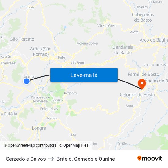 Serzedo e Calvos to Britelo, Gémeos e Ourilhe map