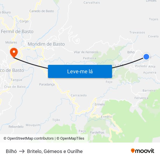 Bilhó to Britelo, Gémeos e Ourilhe map