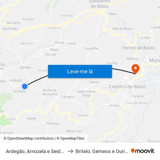 Ardegão, Arnozela e Seidões to Britelo, Gémeos e Ourilhe map