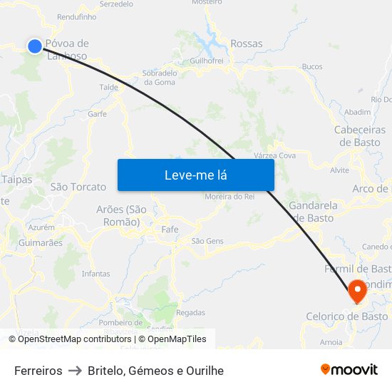 Ferreiros to Britelo, Gémeos e Ourilhe map