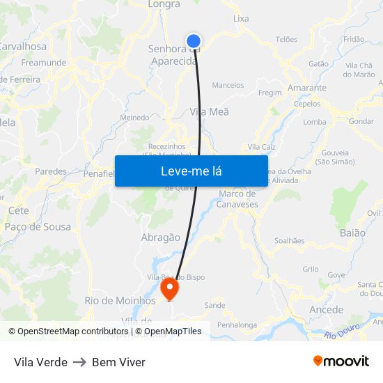 Vila Verde to Bem Viver map