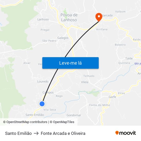 Santo Emilião to Fonte Arcada e Oliveira map