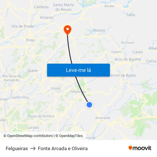 Felgueiras to Fonte Arcada e Oliveira map