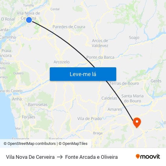 Vila Nova De Cerveira to Fonte Arcada e Oliveira map