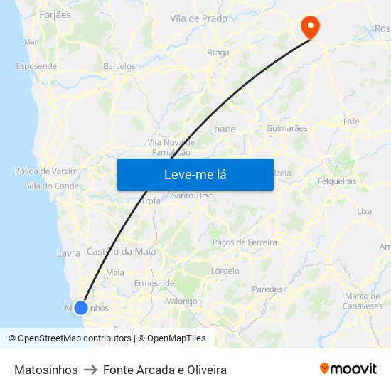 Matosinhos to Fonte Arcada e Oliveira map