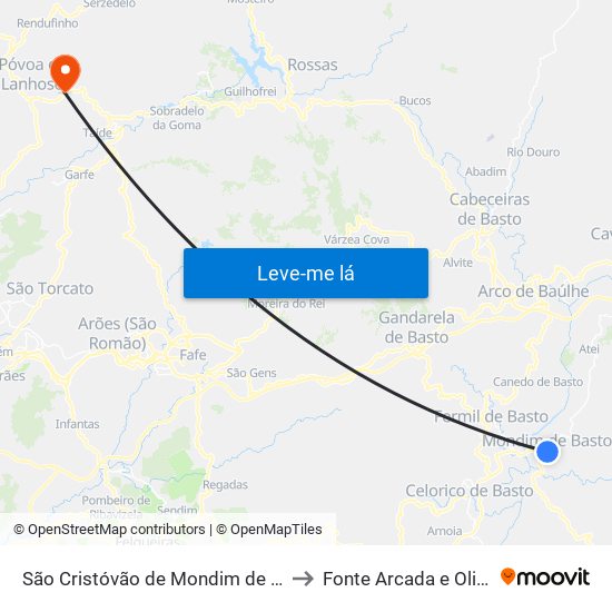 São Cristóvão de Mondim de Basto to Fonte Arcada e Oliveira map