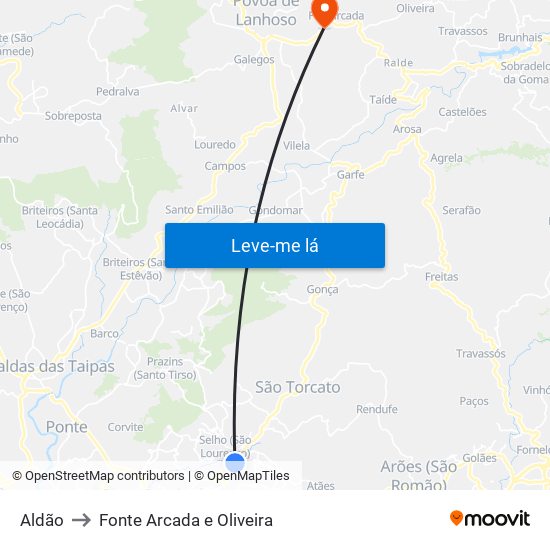 Aldão to Fonte Arcada e Oliveira map