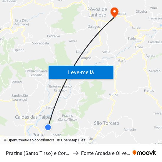 Prazins (Santo Tirso) e Corvite to Fonte Arcada e Oliveira map