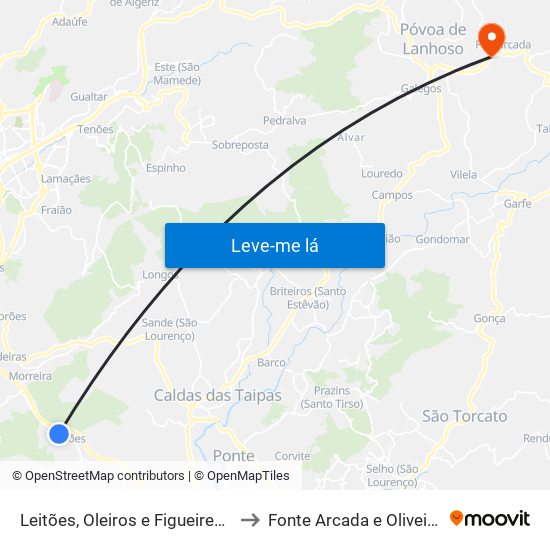 Leitões, Oleiros e Figueiredo to Fonte Arcada e Oliveira map