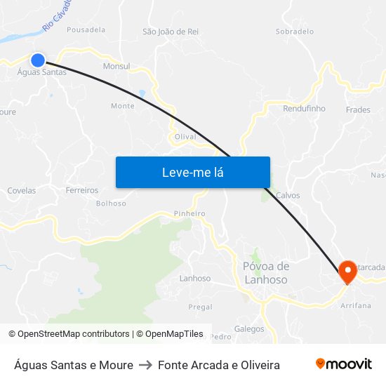 Águas Santas e Moure to Fonte Arcada e Oliveira map