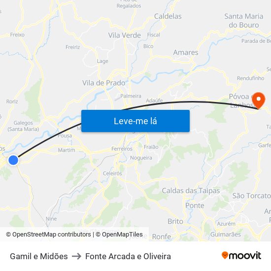 Gamil e Midões to Fonte Arcada e Oliveira map