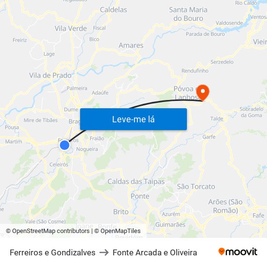 Ferreiros e Gondizalves to Fonte Arcada e Oliveira map