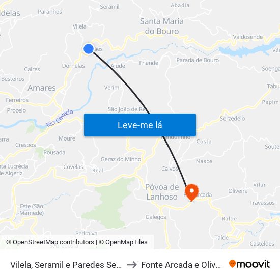 Vilela, Seramil e Paredes Secas to Fonte Arcada e Oliveira map