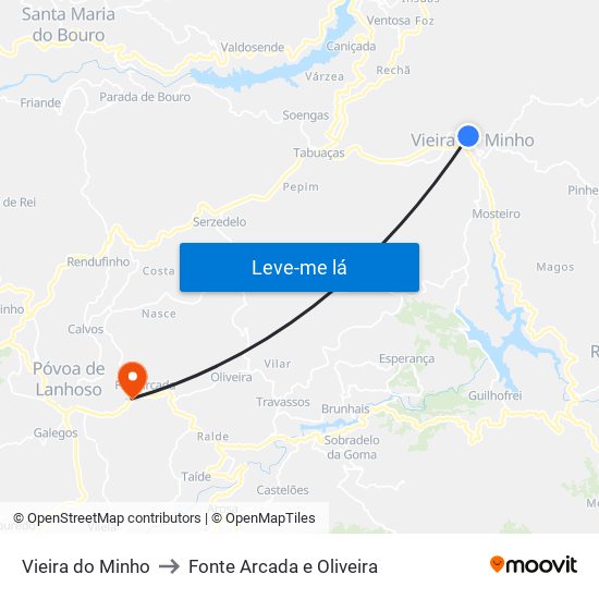 Vieira do Minho to Fonte Arcada e Oliveira map