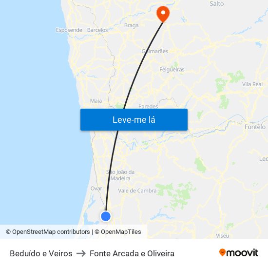 Beduído e Veiros to Fonte Arcada e Oliveira map