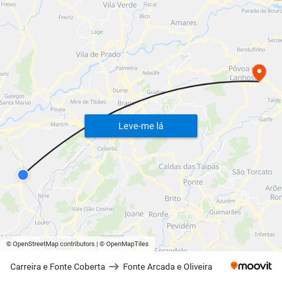 Carreira e Fonte Coberta to Fonte Arcada e Oliveira map
