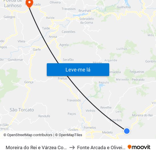 Moreira do Rei e Várzea Cova to Fonte Arcada e Oliveira map
