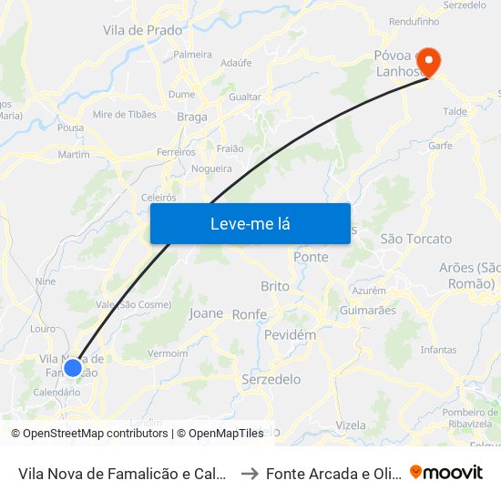 Vila Nova de Famalicão e Calendário to Fonte Arcada e Oliveira map