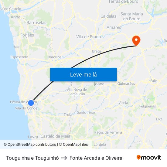 Touguinha e Touguinhó to Fonte Arcada e Oliveira map